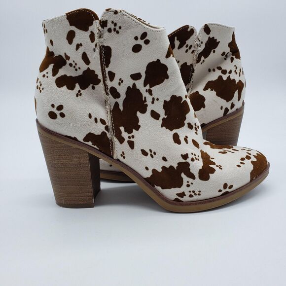 Altar'd State Boots Women US 7.5 Brown White Cow Print Ankle Zip Block Heel - Picture 1 of 13
